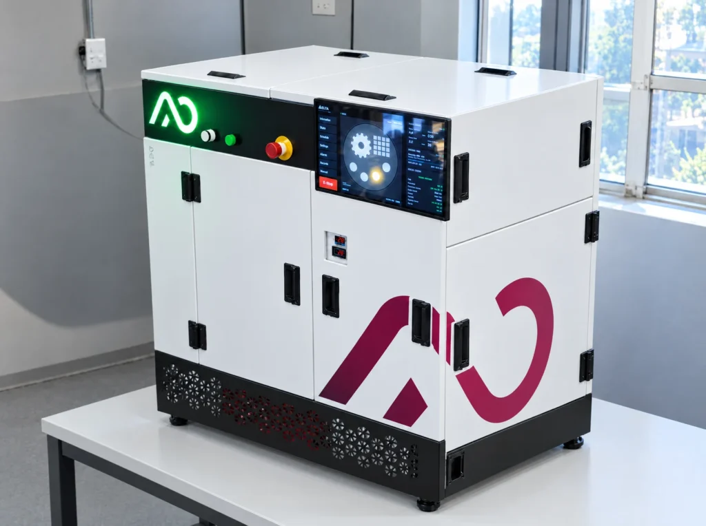 AO Metal A30 benchtop metal 3D printer with touchscreen and green status light on a lab bench