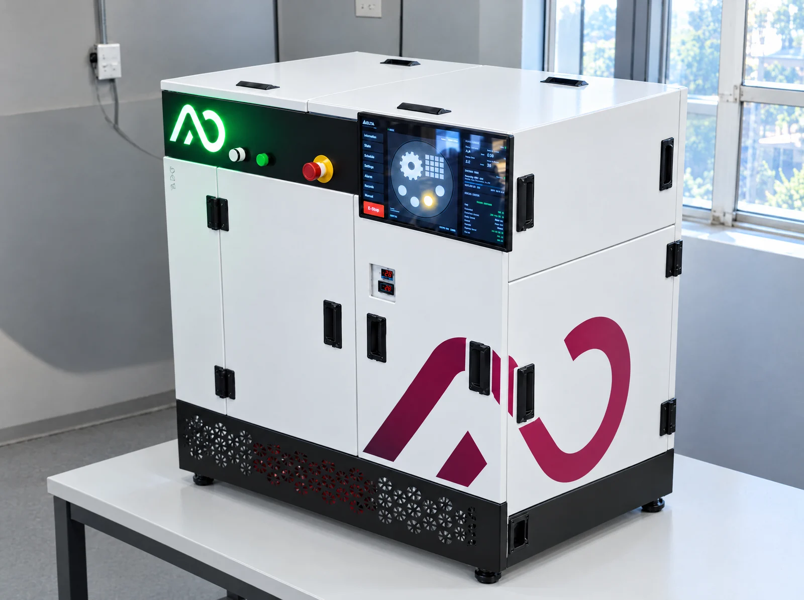 AO Metal A30 benchtop metal 3D printer with touchscreen and green status light on a lab bench