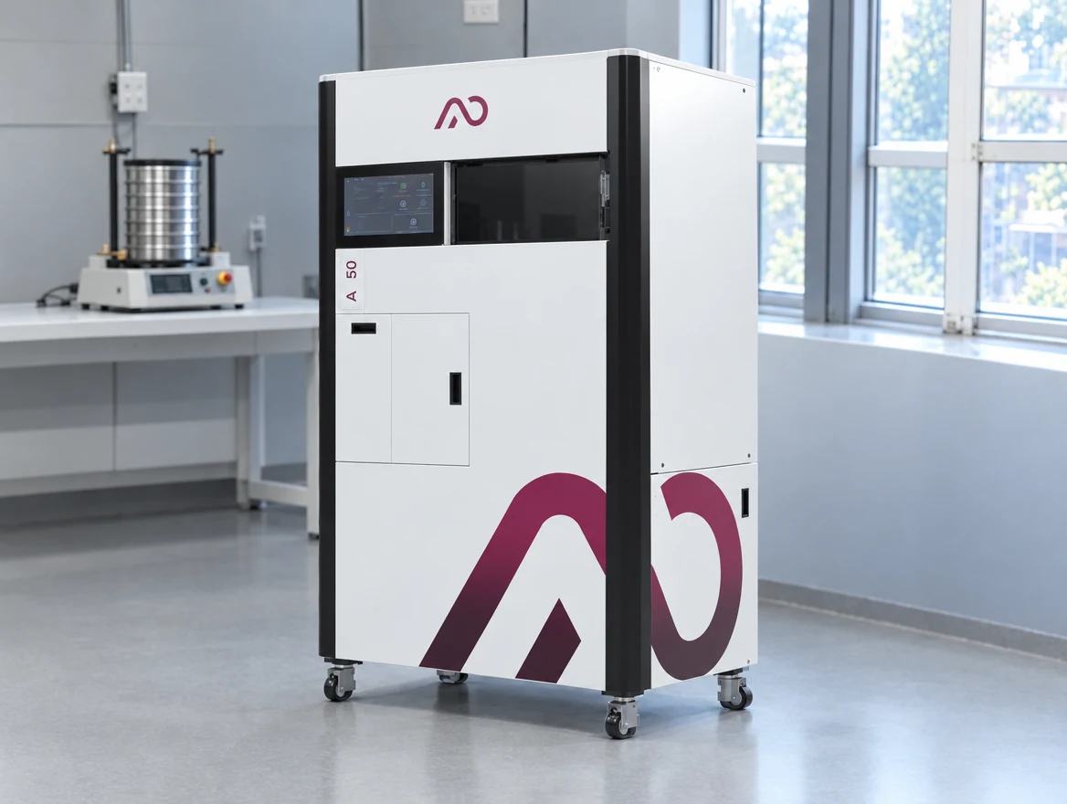 AO Metal A50 metal 3D printer next to a sieve shaker in a powder lab