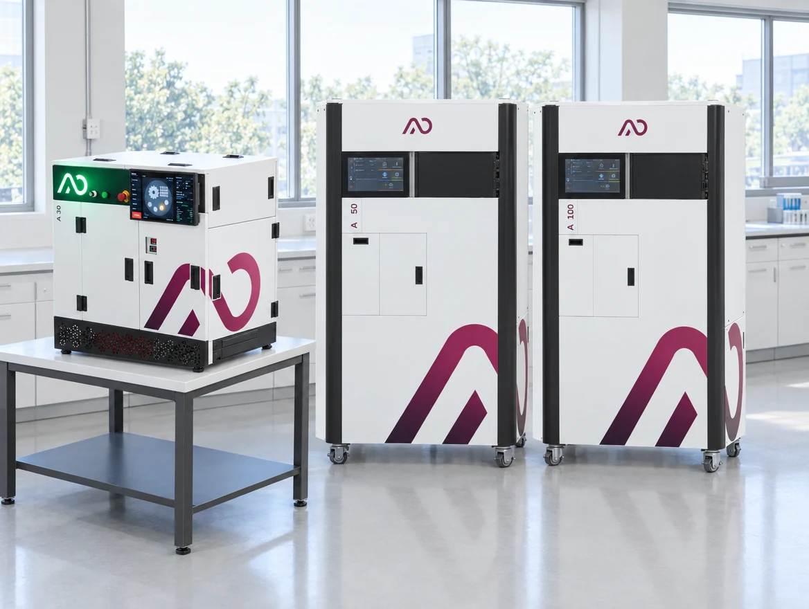 AO Metal printer line-up in a lab: benchtop A30 on a bench, A50 and A100 floor-standing printers of the same size