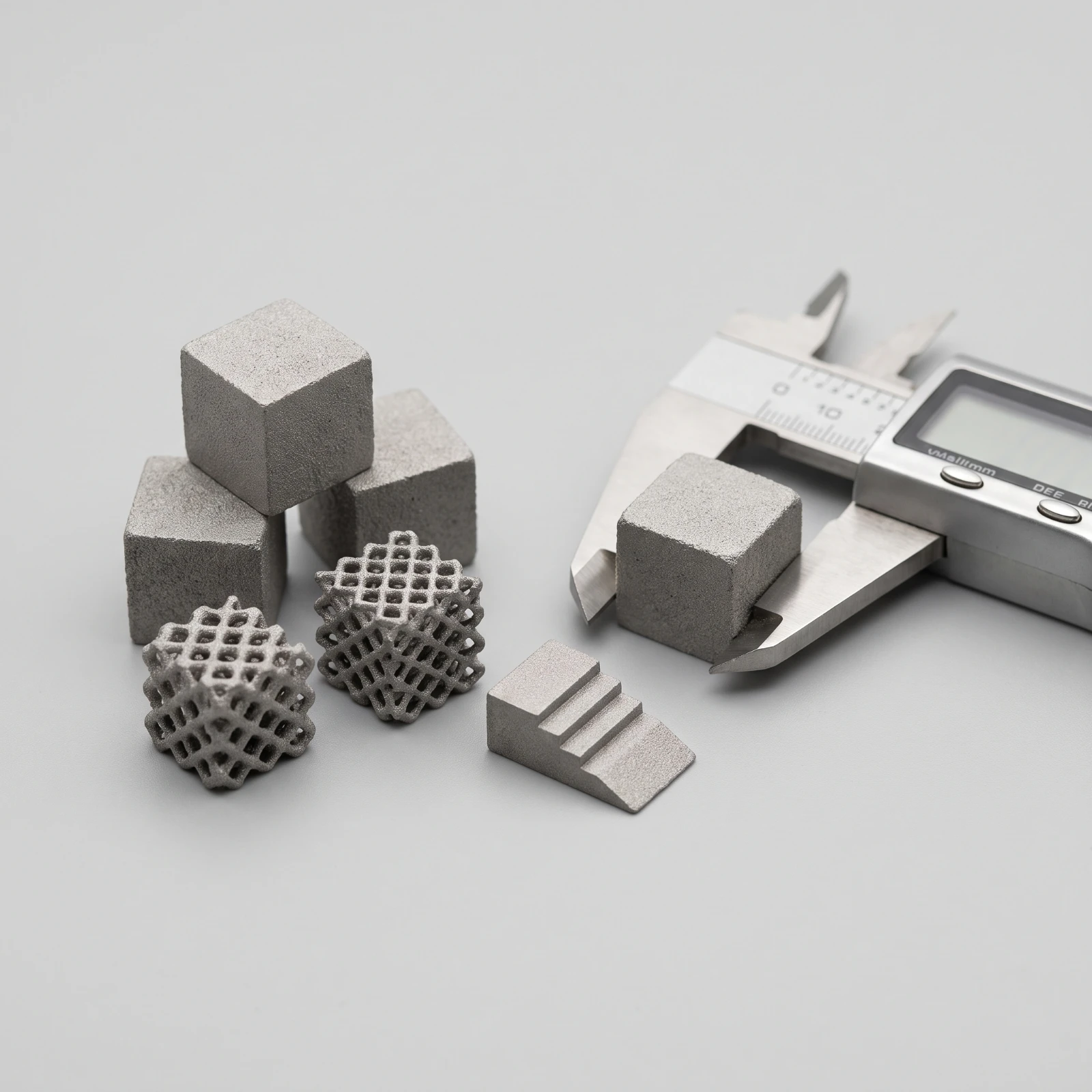 Metal test cubes and lattice coupons printed on AO Metal, measured with a caliper