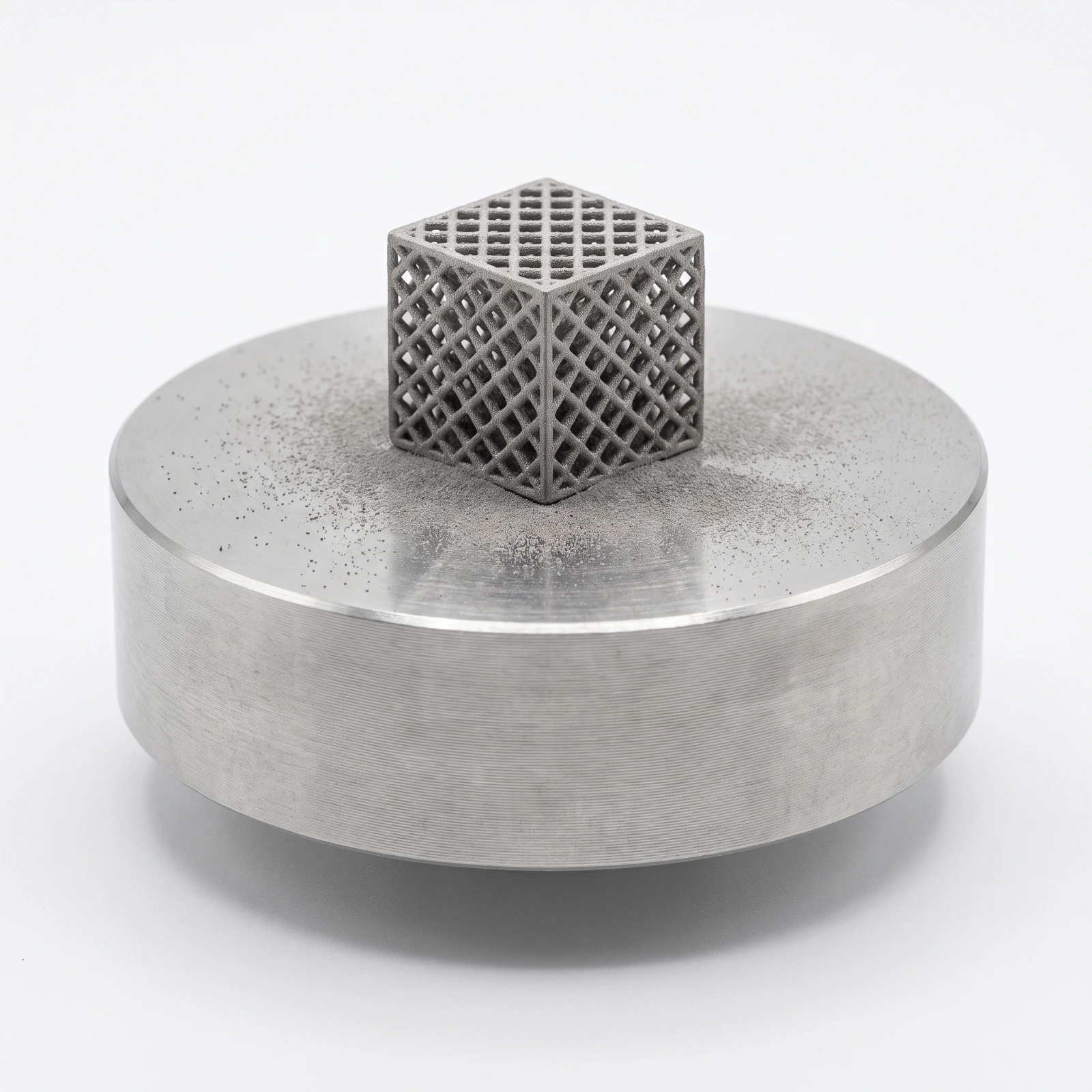 Lattice cube printed in metal on an AO Metal build plate